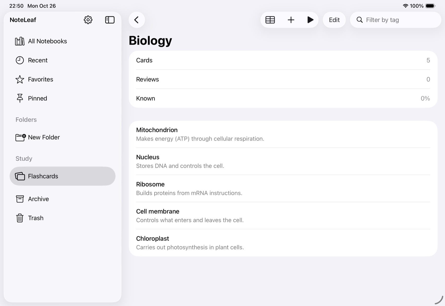 A biology flashcard deck in NoteLeaf