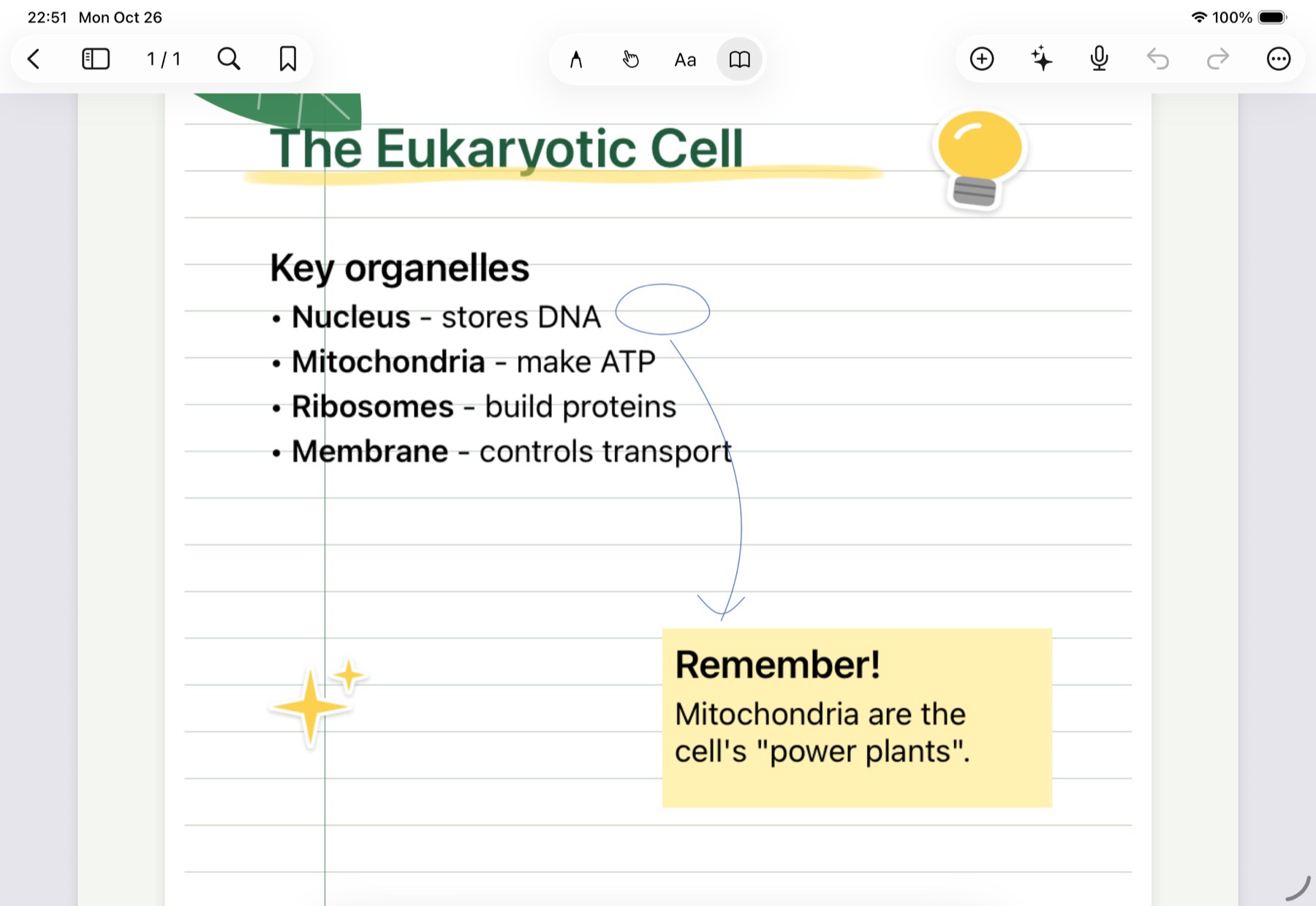A handwritten biology page with highlights, stickers and a note