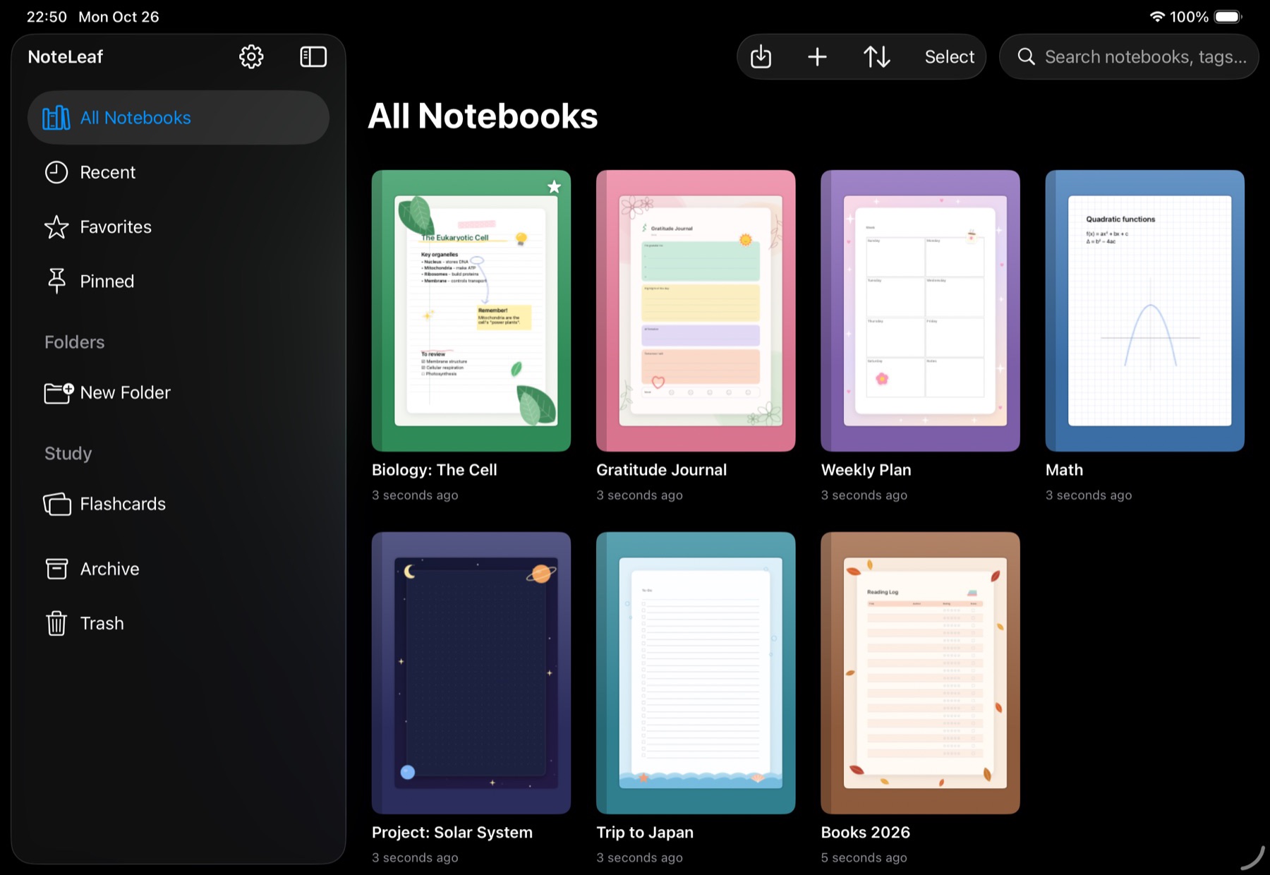 NoteLeaf library in Dark Mode on iPad
