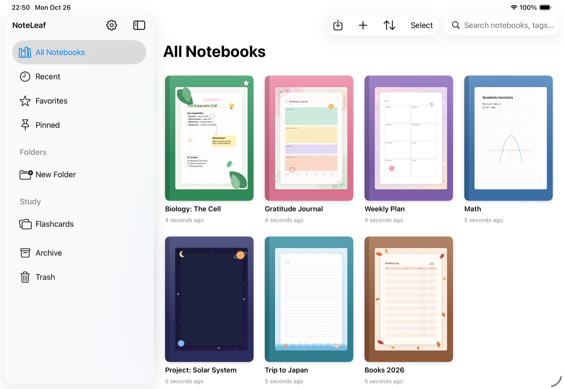 NoteLeaf library on iPad with colorful notebooks