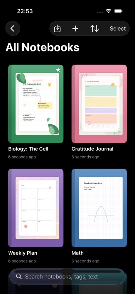 NoteLeaf library in Dark Mode on iPhone